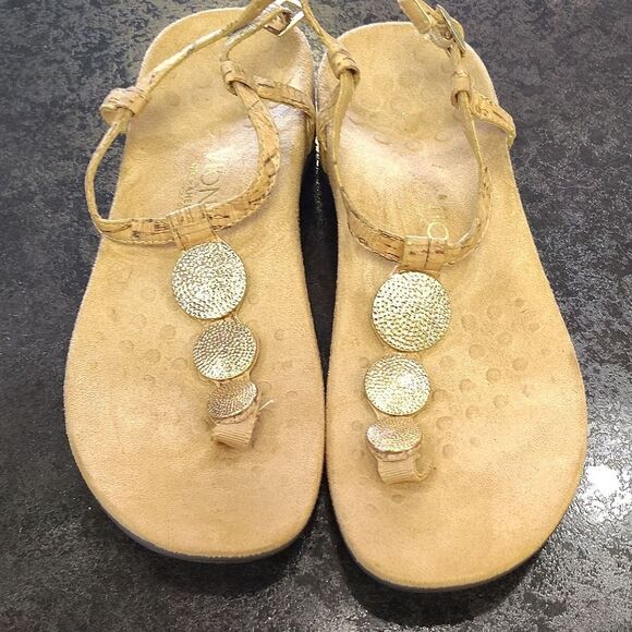 Vionic Tan and Gold Sandals with Metallic Embellishments - Picture 1 of 6